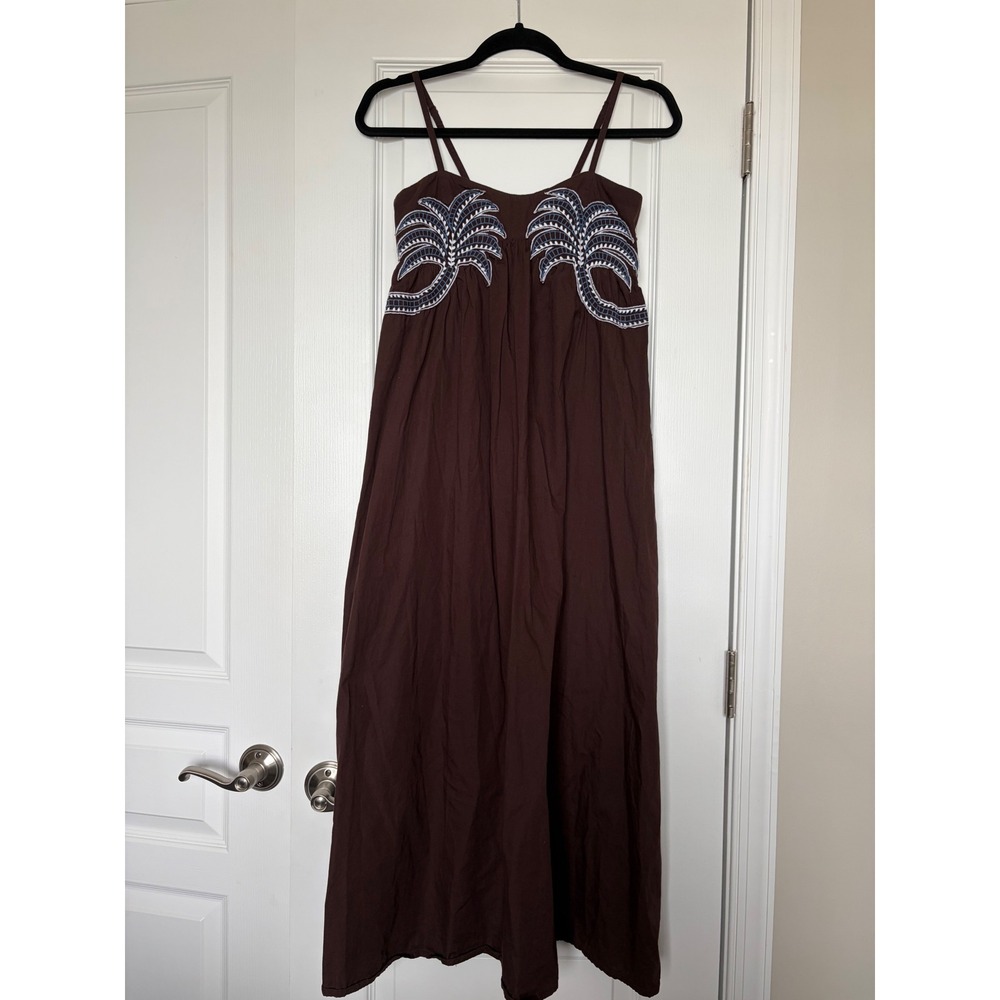 Sim & Sam Brown Palm Tree Embroidered Cotton Maxi Dress Small Pockets Smocked